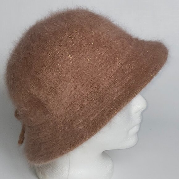 Ladies Winter Bucket Hat Angora Blend Great Shape Brown w/Gold Tint BOW Deatil - Picture 3 of 7